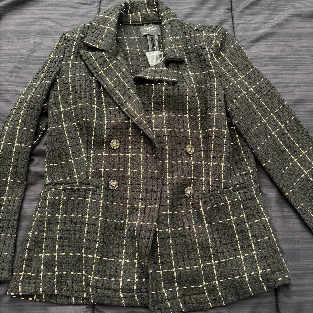 Women's Black Plaid Double-Breasted Jacket